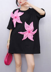Boho Black Oversized Floral Decorated Cotton Tops Summer