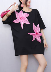 Boho Black Oversized Floral Decorated Cotton Tops Summer