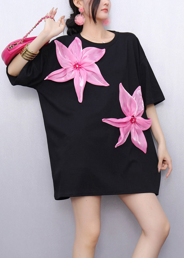 Boho Black Oversized Floral Decorated Cotton Tops Summer