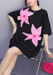 Boho Black Oversized Floral Decorated Cotton Tops Summer