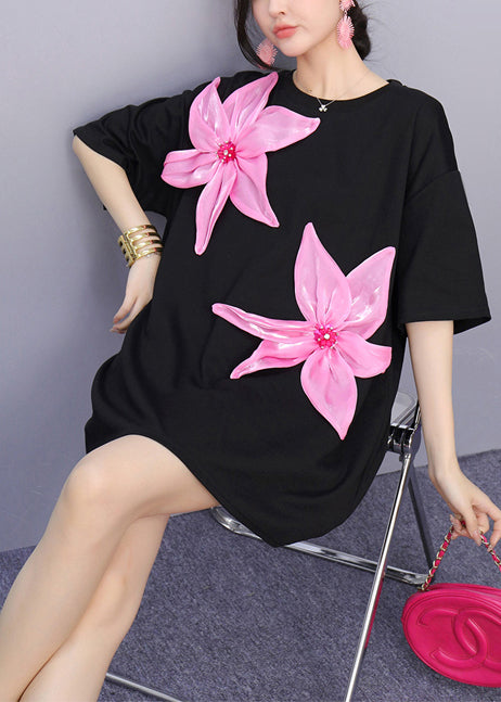 Boho Black Oversized Floral Decorated Cotton Tops Summer