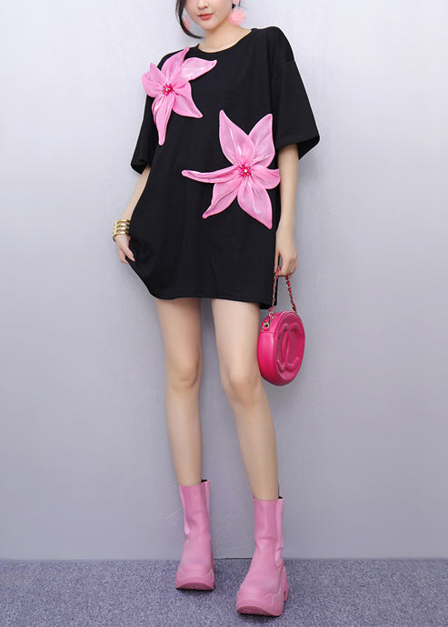 Boho Black Oversized Floral Decorated Cotton Tops Summer