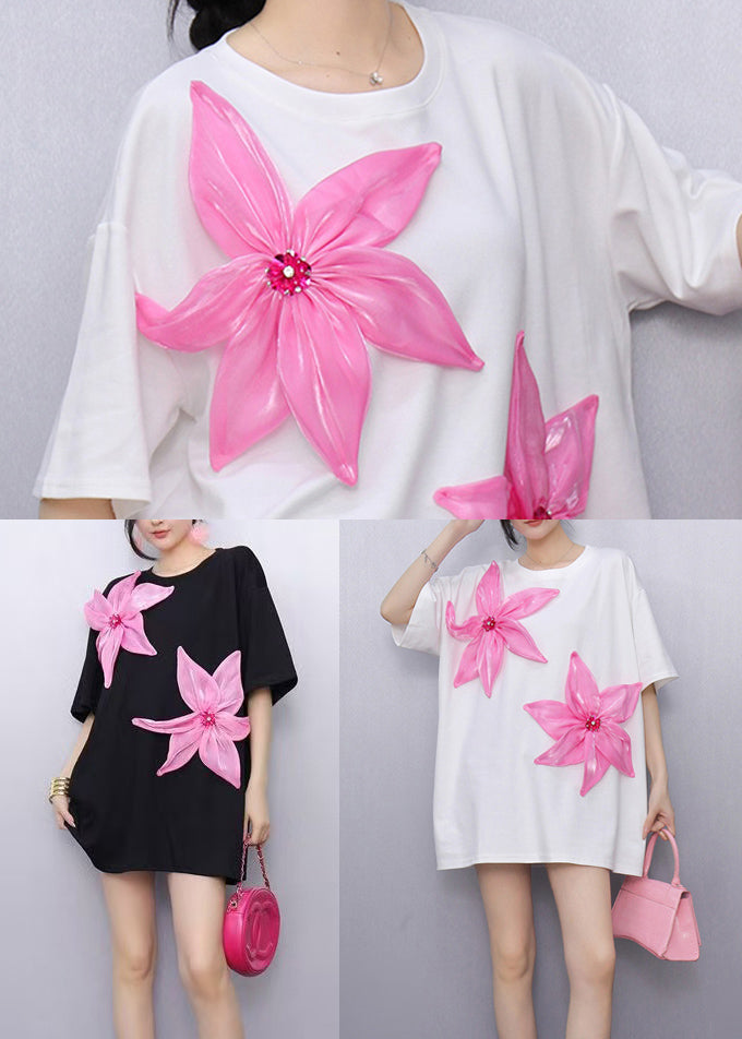 Boho Black Oversized Floral Decorated Cotton Tops Summer
