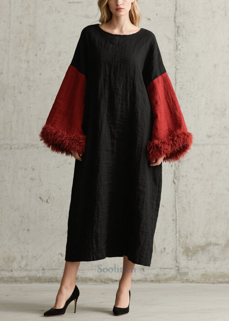 Boho Black Oversized Patchwork Faux Fur Long Dresses Fall