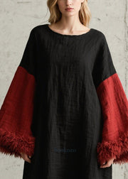 Boho Black Oversized Patchwork Faux Fur Long Dresses Fall