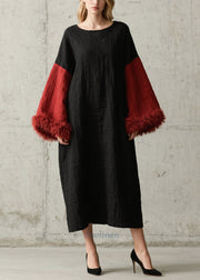Boho Black Oversized Patchwork Faux Fur Long Dresses Fall