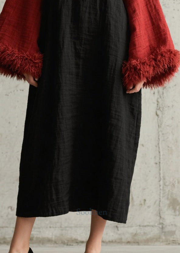 Boho Black Oversized Patchwork Faux Fur Long Dresses Fall