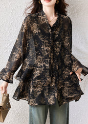 Boho Black Oversized Print Chiffon Shirts Fall