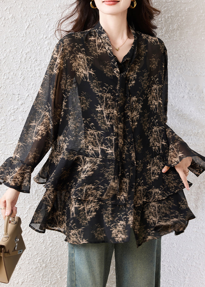 Boho Black Oversized Print Chiffon Shirts Fall