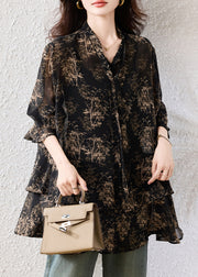Boho Black Oversized Print Chiffon Shirts Fall