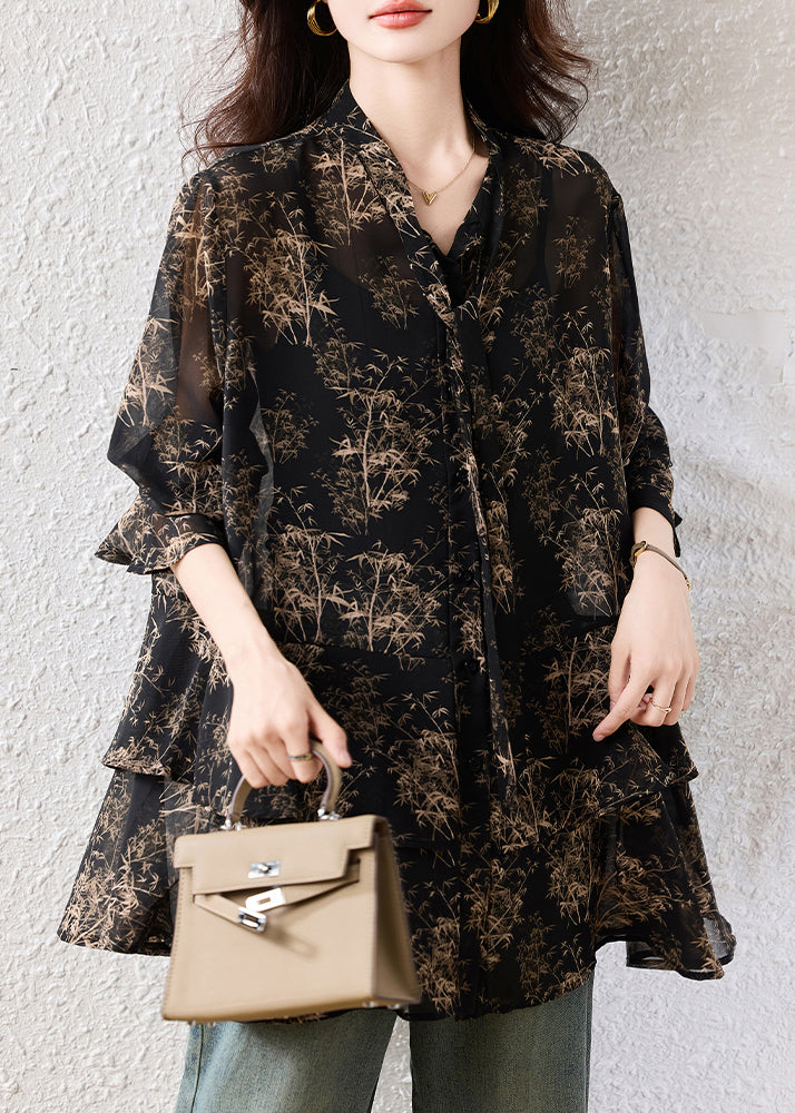 Boho Black Oversized Print Chiffon Shirts Fall