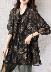 Boho Black Oversized Print Chiffon Shirts Fall