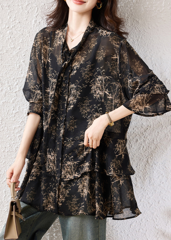 Boho Black Oversized Print Chiffon Shirts Fall