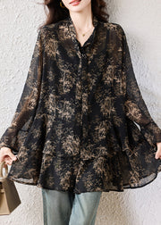 Boho Black Oversized Print Chiffon Shirts Fall