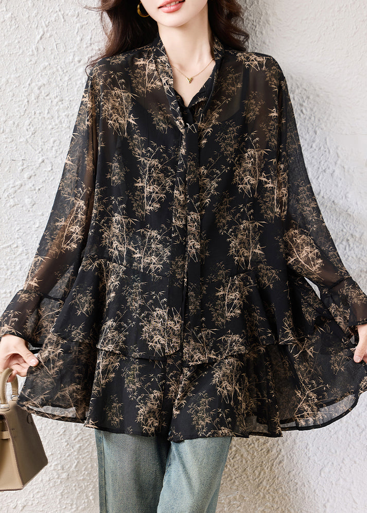 Boho Black Oversized Print Chiffon Shirts Fall