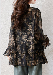 Boho Black Oversized Print Chiffon Shirts Fall