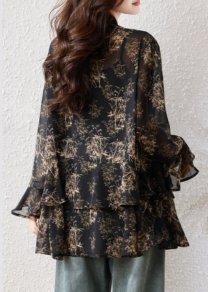 Boho Black Oversized Print Chiffon Shirts Fall