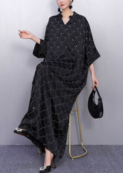 Boho Black Oversized Rhinestone Silk Maxi Dresses Summer