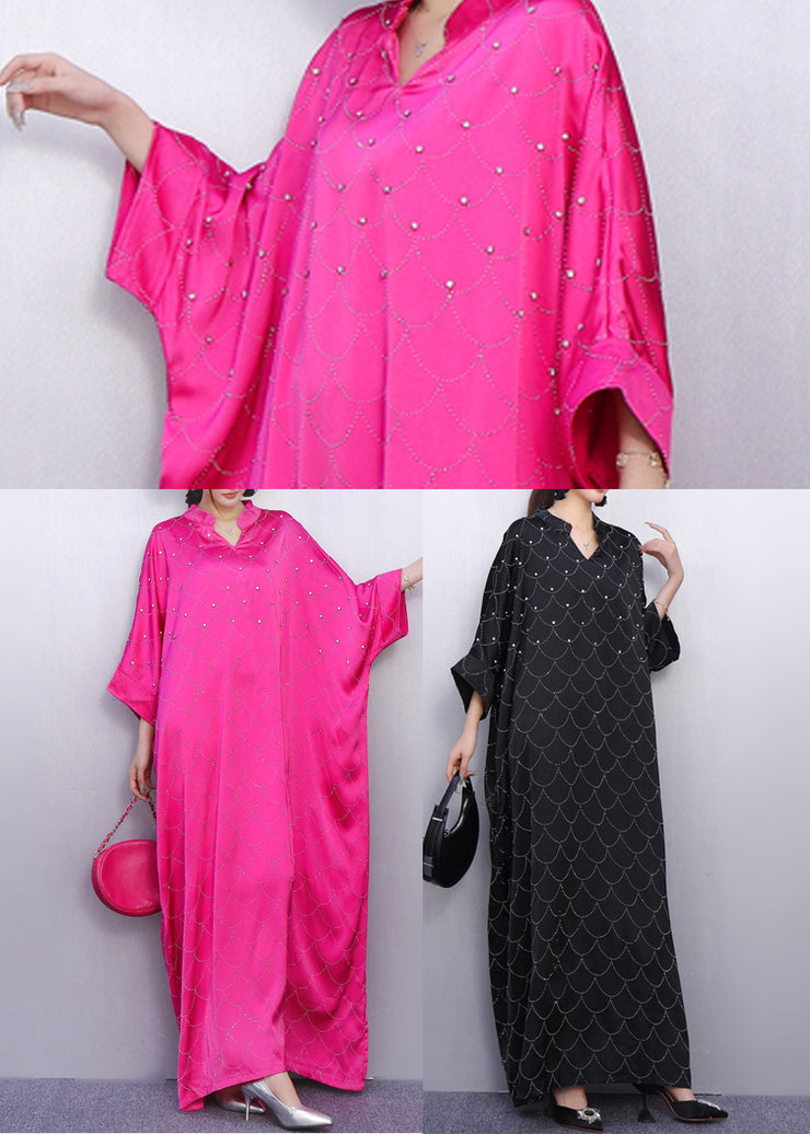 Boho Black Oversized Rhinestone Silk Maxi Dresses Summer