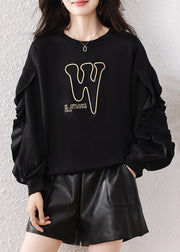 Boho Black Ruffled Embroidered Cotton Pullover Streetwear Fall