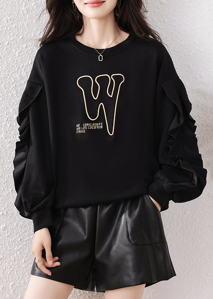 Boho Black Ruffled Embroidered Cotton Pullover Streetwear Fall