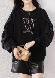 Boho Black Ruffled Embroidered Cotton Pullover Streetwear Fall