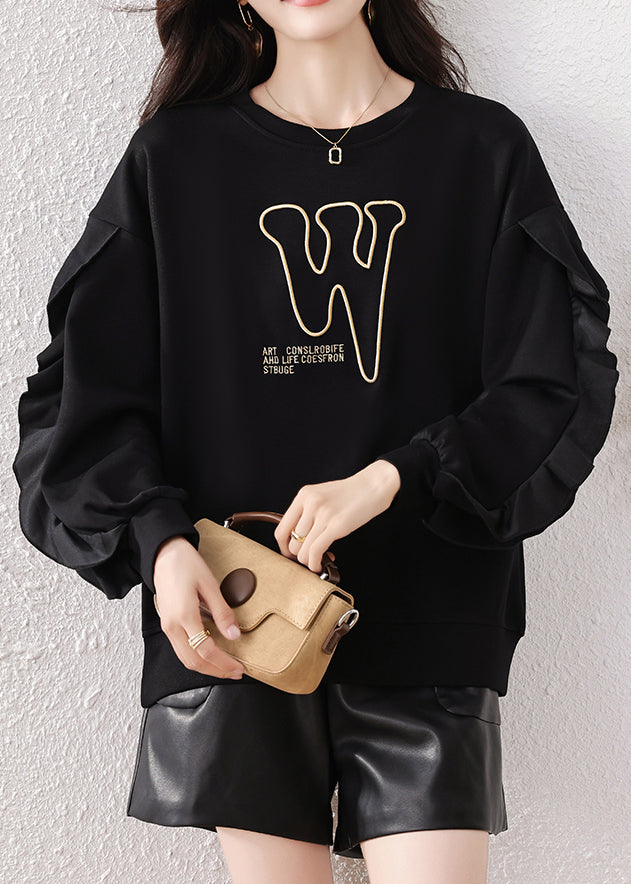 Boho Black Ruffled Embroidered Cotton Pullover Streetwear Fall