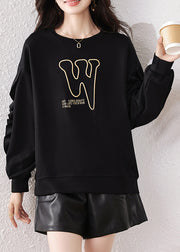 Boho Black Ruffled Embroidered Cotton Pullover Streetwear Fall