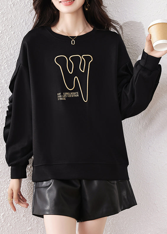 Boho Black Ruffled Embroidered Cotton Pullover Streetwear Fall