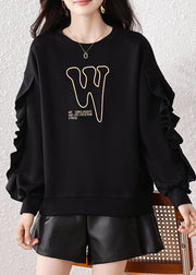 Boho Black Ruffled Embroidered Cotton Pullover Streetwear Fall