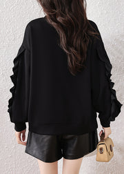 Boho Black Ruffled Embroidered Cotton Pullover Streetwear Fall