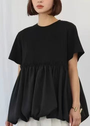 Boho Black Ruffled Patchwork Cotton Tops Summer