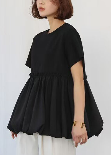 Boho Black Ruffled Patchwork Cotton Tops Summer