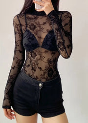 Boho Black Sheer Floral Solid Tulle Bodysuit