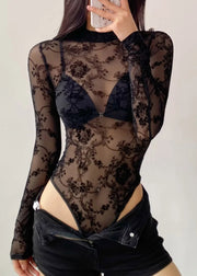 Boho Black Sheer Floral Solid Tulle Bodysuit