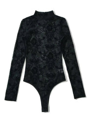 Boho Black Sheer Floral Solid Tulle Bodysuit