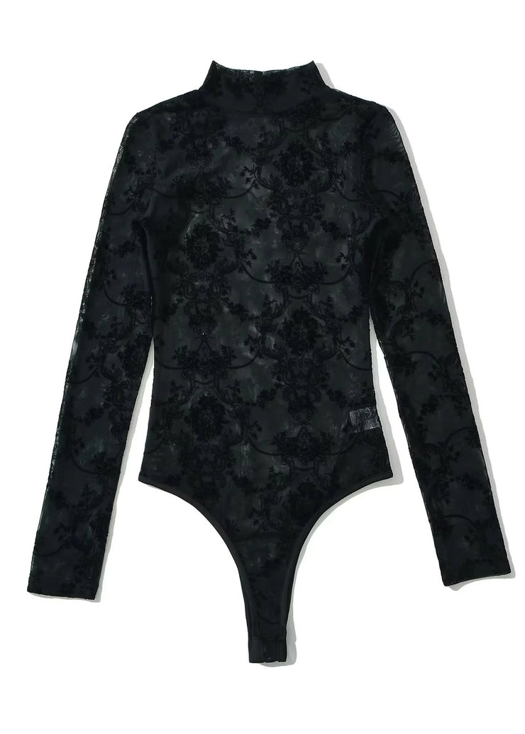 Boho Black Sheer Floral Solid Tulle Bodysuit