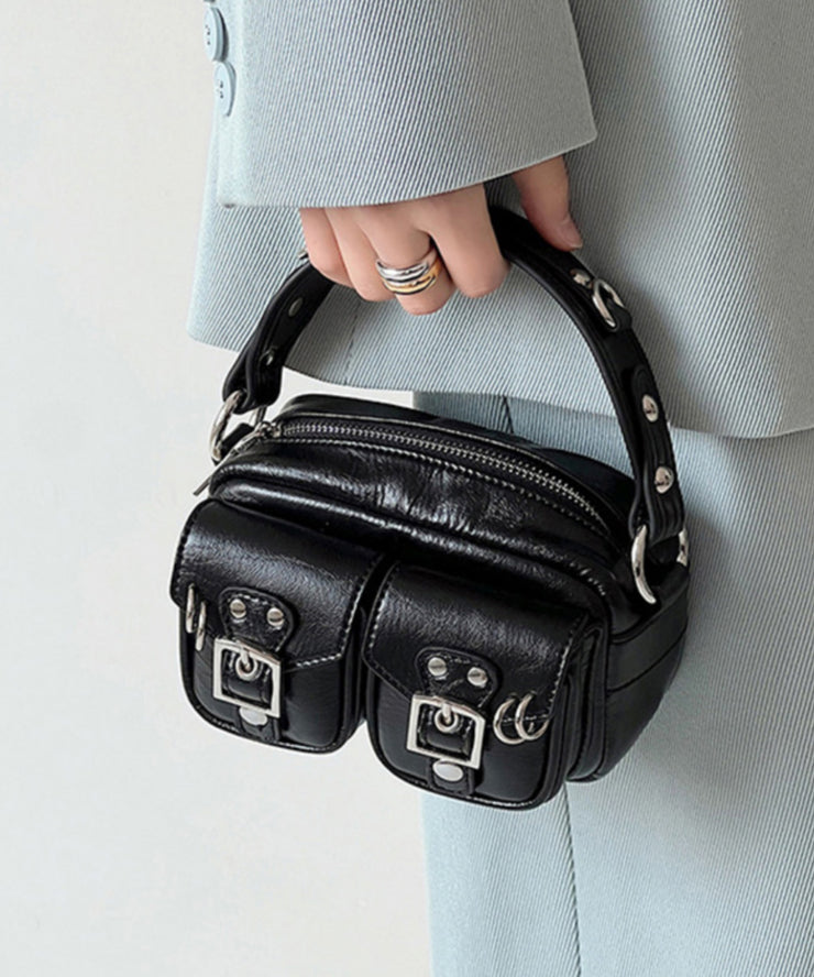 Boho Black Solid Durable With Pockets Faux Leather Mini Bag