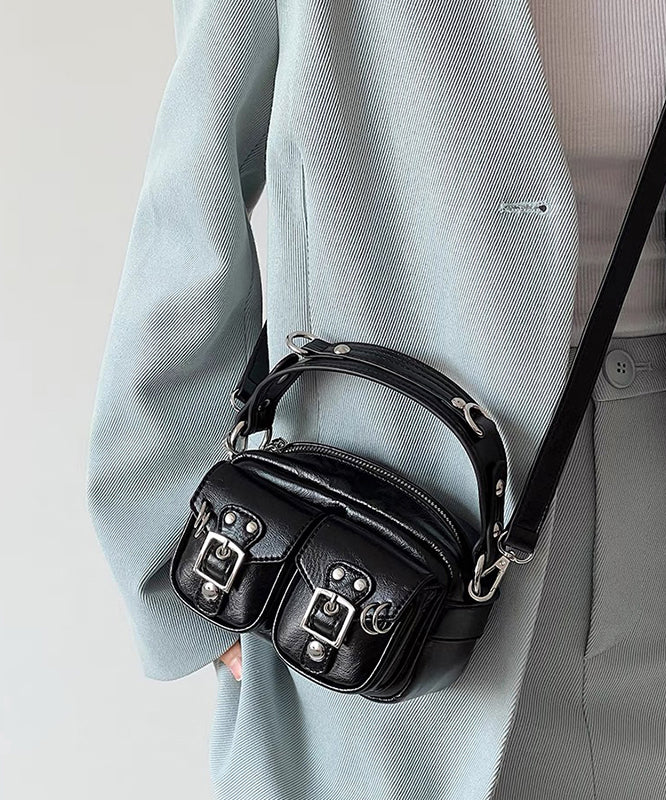 Boho Black Solid Durable With Pockets Faux Leather Mini Bag