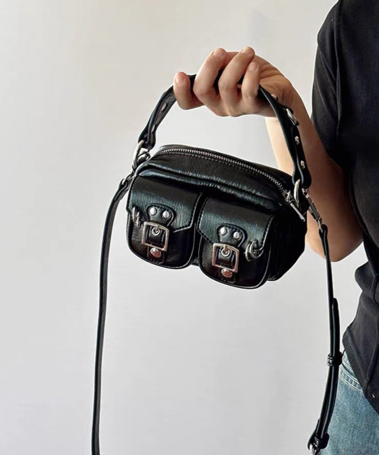 Boho Black Solid Durable With Pockets Faux Leather Mini Bag