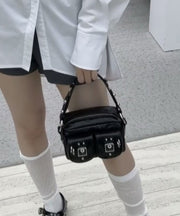 Boho Black Solid Durable With Pockets Faux Leather Mini Bag