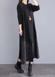 Boho Black Stand Collar Button Patchwork Cotton Dress Fall