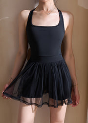 Boho Black Tummy Control Fake Two Piece Sports Dress Summer
