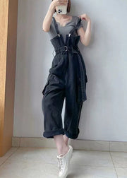 Boho Black Tunic Pockets Denim Overalls Jumpsuit Summer