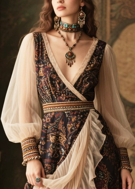 Boho Black V Neck Patchwork Tulle Chiffon Maxi Dresses Lantern Sleeve