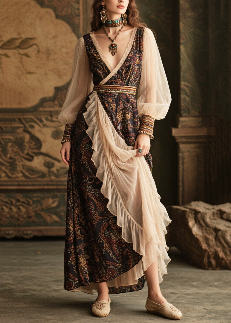 Boho Black V Neck Patchwork Tulle Chiffon Maxi Dresses Lantern Sleeve