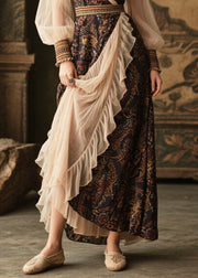 Boho Black V Neck Patchwork Tulle Chiffon Maxi Dresses Lantern Sleeve