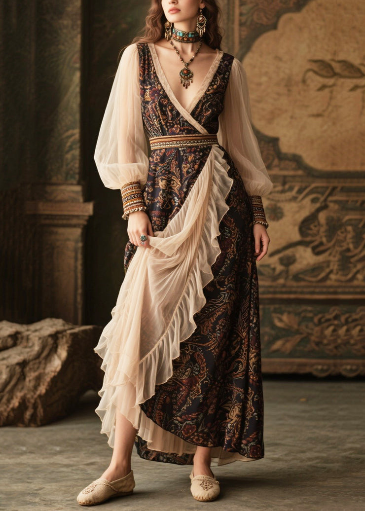 Boho Black V Neck Patchwork Tulle Chiffon Maxi Dresses Lantern Sleeve