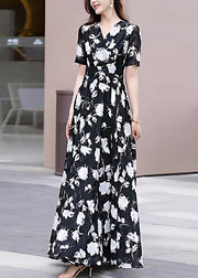 Boho Black V Neck Print Chiffon Long Dress Summer