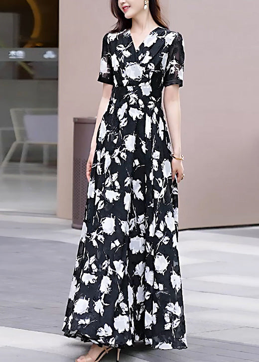 Boho Black V Neck Print Chiffon Long Dress Summer